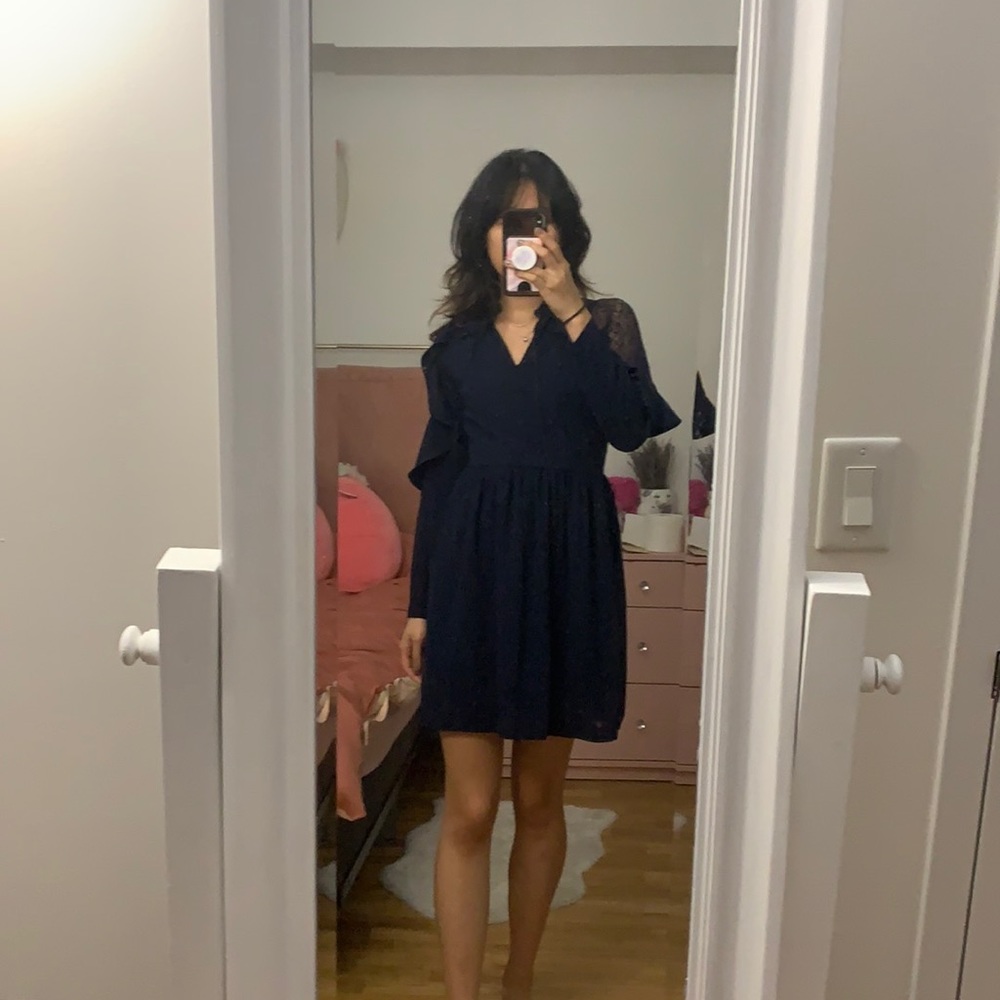 Ruffle lace insert sleeves navy open back dress